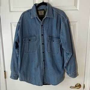 Vintage World Island Blue Denim Button‎ Down Shacket Jacket Fleece Lined, Sz L